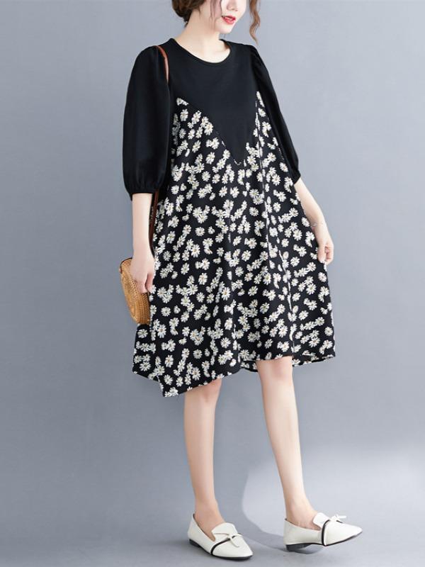 Plus Size Loose Daisy Print A-Line Midi Dress