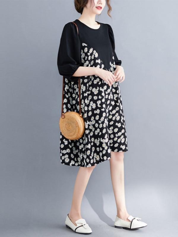 Plus Size Loose Daisy Print A-Line Midi Dress