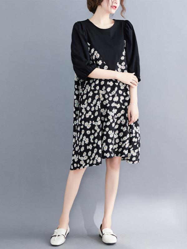 Plus Size Loose Daisy Print A-Line Midi Dress