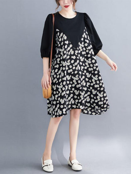 Plus Size Loose Daisy Print A-Line Midi Dress