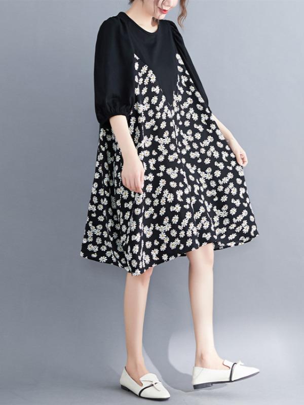 Plus Size Loose Daisy Print A-Line Midi Dress