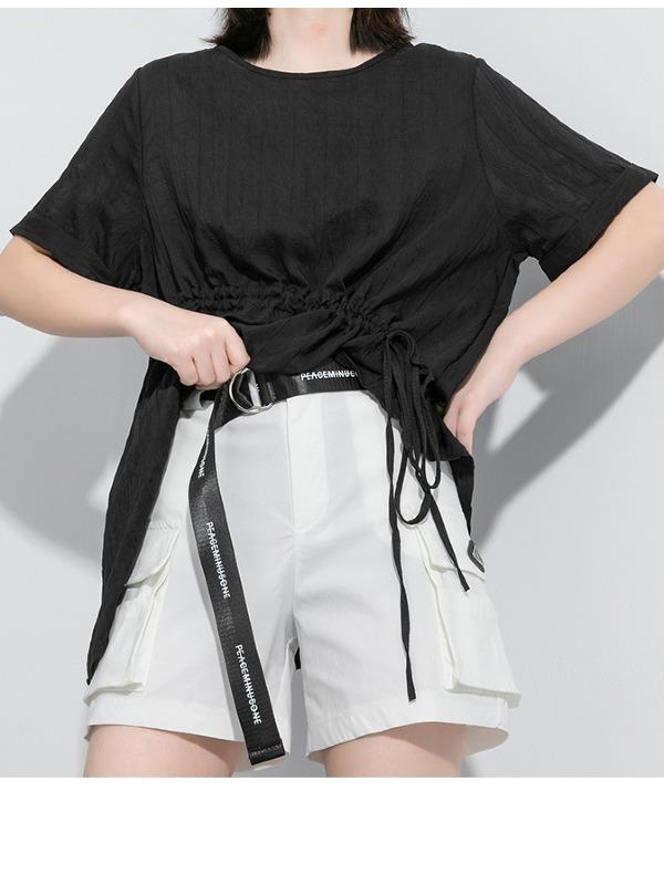 Simple Split-Joint Solid Lace-Up T-Shirt