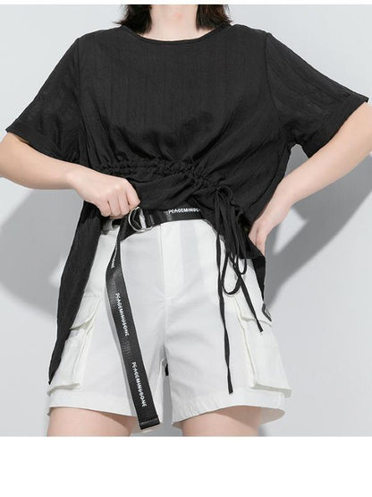 Simple Split-Joint Solid Lace-Up T-Shirt
