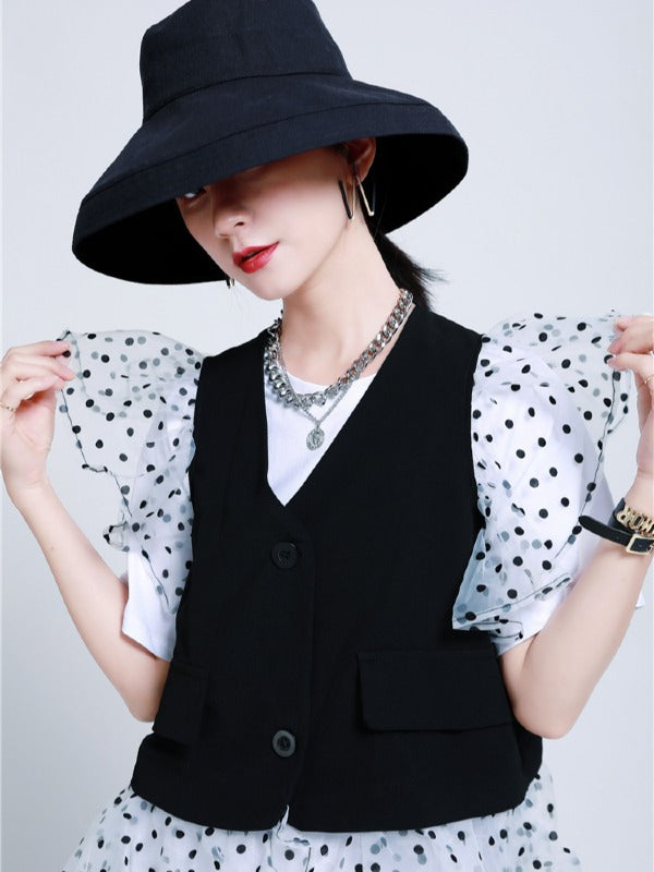 TWO-PIECES LACE CROCHET PANEL RUFFLE FALBALA WAISTCOAT &INNER DRESS