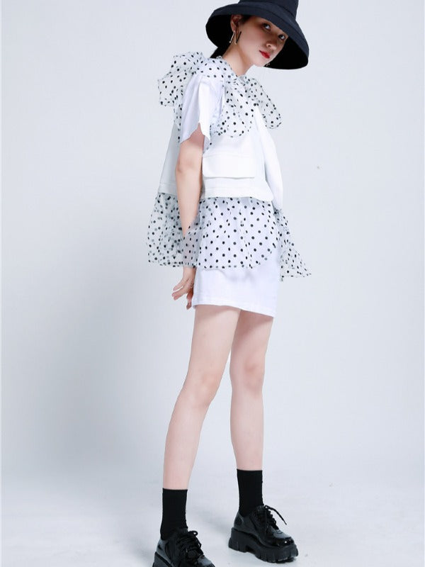 TWO-PIECES LACE CROCHET PANEL RUFFLE FALBALA WAISTCOAT &INNER DRESS