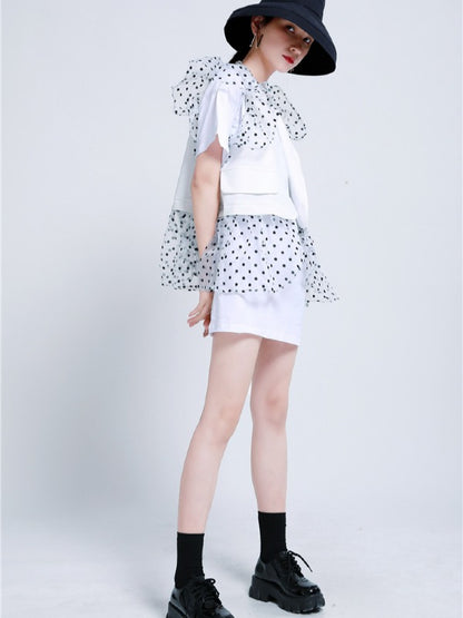 TWO-PIECES LACE CROCHET PANEL RUFFLE FALBALA WAISTCOAT &INNER DRESS