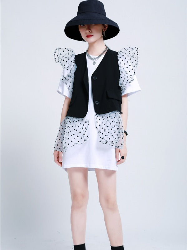 TWO-PIECES LACE CROCHET PANEL RUFFLE FALBALA WAISTCOAT &INNER DRESS