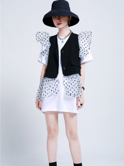 TWO-PIECES LACE CROCHET PANEL RUFFLE FALBALA WAISTCOAT &INNER DRESS