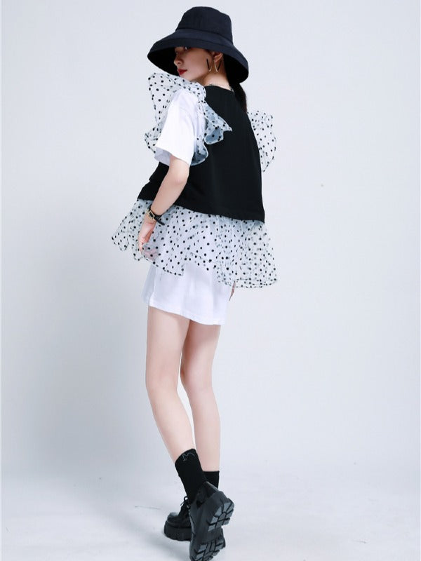 TWO-PIECES LACE CROCHET PANEL RUFFLE FALBALA WAISTCOAT &INNER DRESS