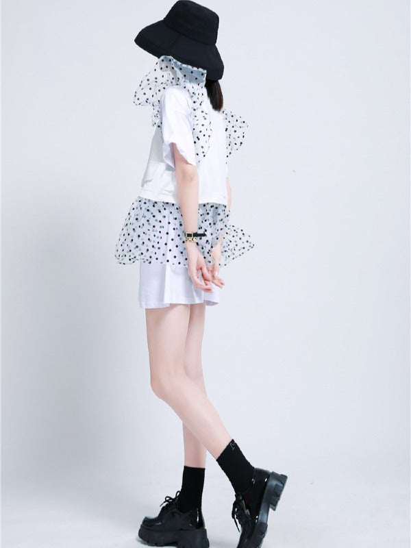 TWO-PIECES LACE CROCHET PANEL RUFFLE FALBALA WAISTCOAT &INNER DRESS