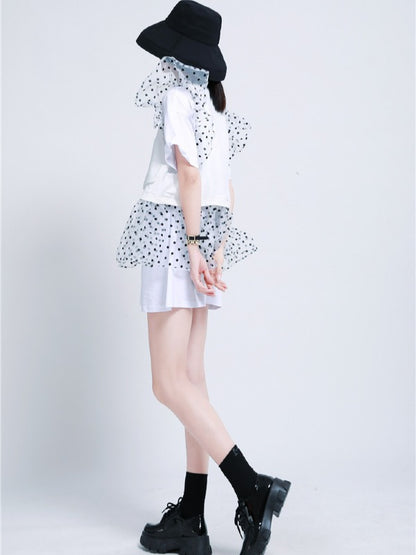 TWO-PIECES LACE CROCHET PANEL RUFFLE FALBALA WAISTCOAT &INNER DRESS