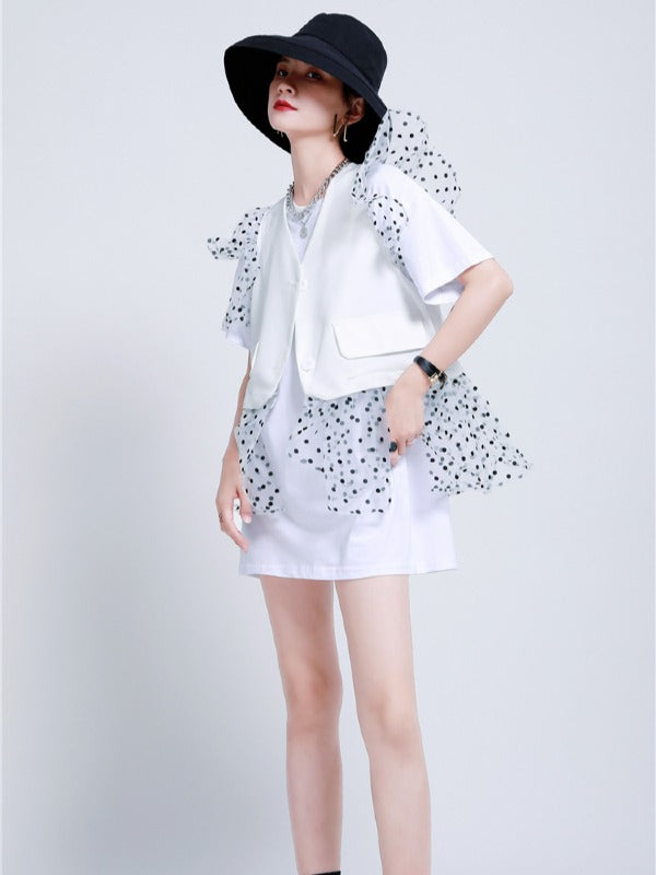 TWO-PIECES LACE CROCHET PANEL RUFFLE FALBALA WAISTCOAT &INNER DRESS