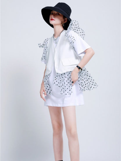 TWO-PIECES LACE CROCHET PANEL RUFFLE FALBALA WAISTCOAT &INNER DRESS