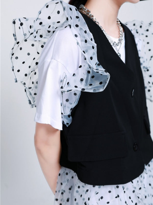 TWO-PIECES LACE CROCHET PANEL RUFFLE FALBALA WAISTCOAT &INNER DRESS