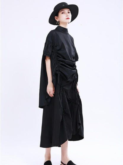 Original Puff Sleeve Drawstring Stand Collar Shirt Dress