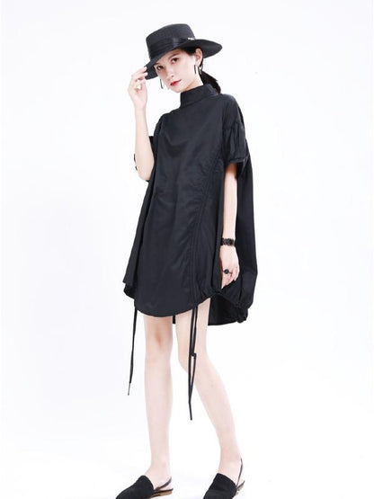 Original Puff Sleeve Drawstring Stand Collar Shirt Dress