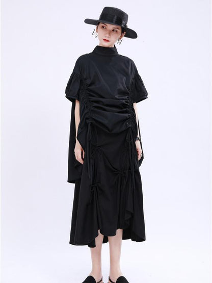 Original Puff Sleeve Drawstring Stand Collar Shirt Dress