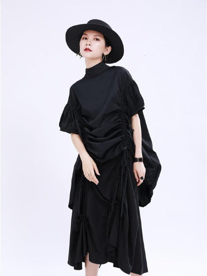 Original Puff Sleeve Drawstring Stand Collar Shirt Dress