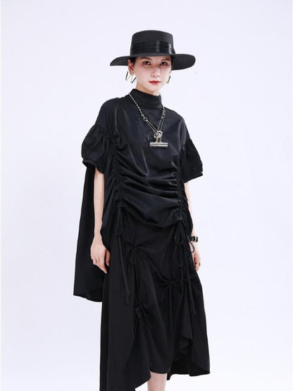 Original Puff Sleeve Drawstring Stand Collar Shirt Dress