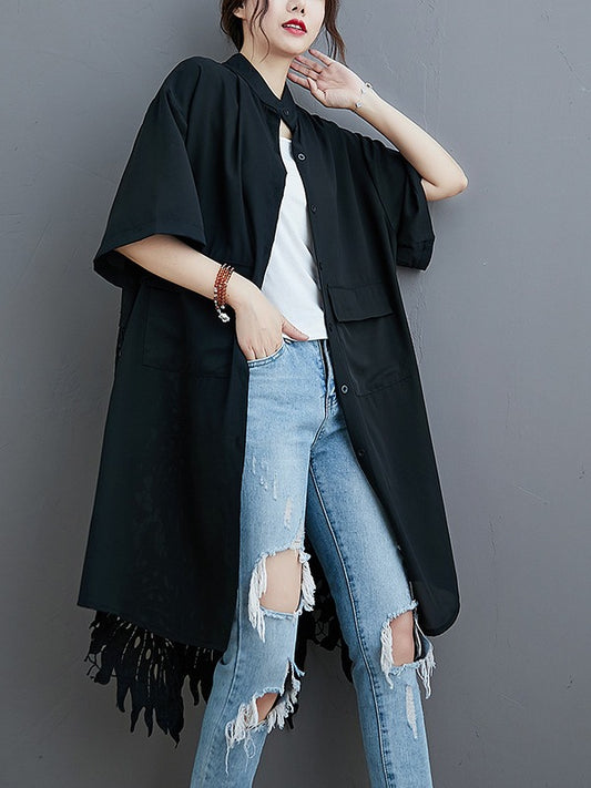 LOOSE SPLIT-JOINT HOLLOW SOLID LONG BLOUSE
