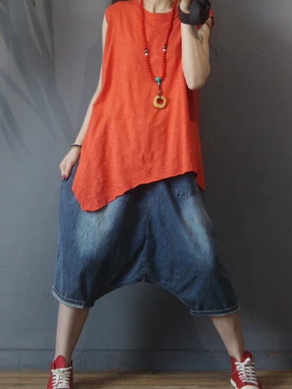 Vintage Solid Irregularity Sleeveless Vest Tops