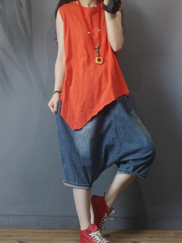 Vintage Solid Irregularity Sleeveless Vest Tops