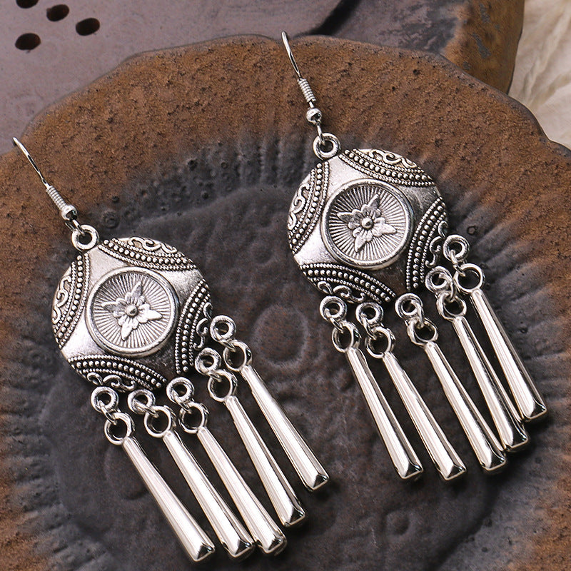 Peacock Flower Leaf National Wind Silver Earrings