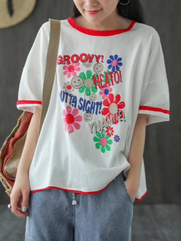 Retro Loose Round Neck Short Sleeve Top