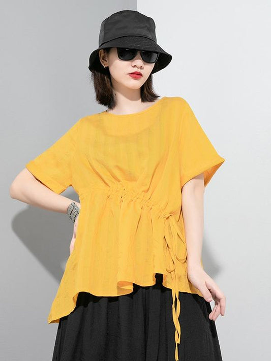 Simple Split-Joint Solid Lace-Up T-Shirt