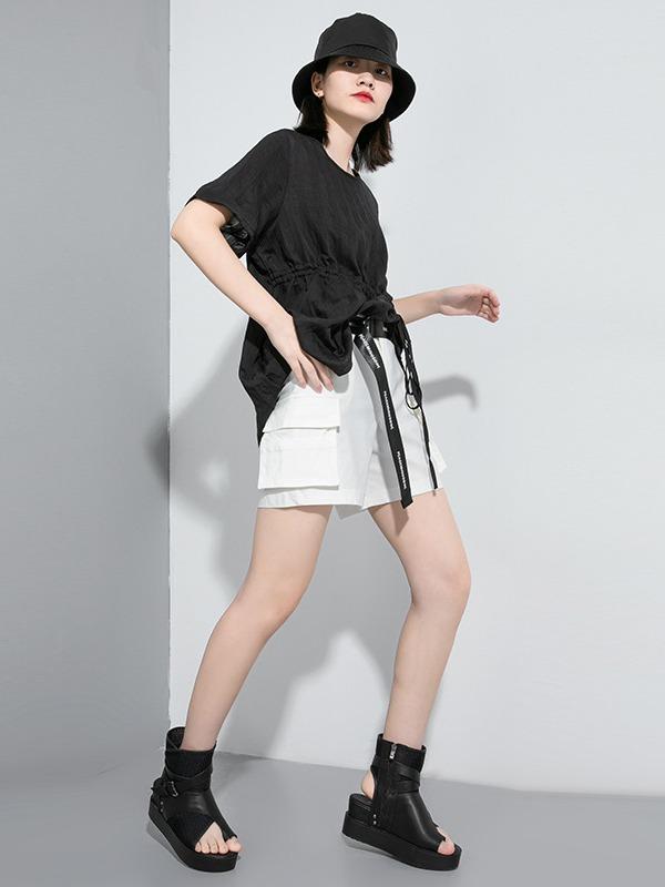 Simple Split-Joint Solid Lace-Up T-Shirt