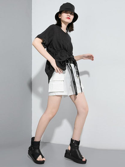 Simple Split-Joint Solid Lace-Up T-Shirt