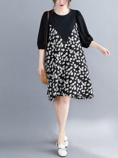 Plus Size Loose Daisy Print A-Line Midi Dress