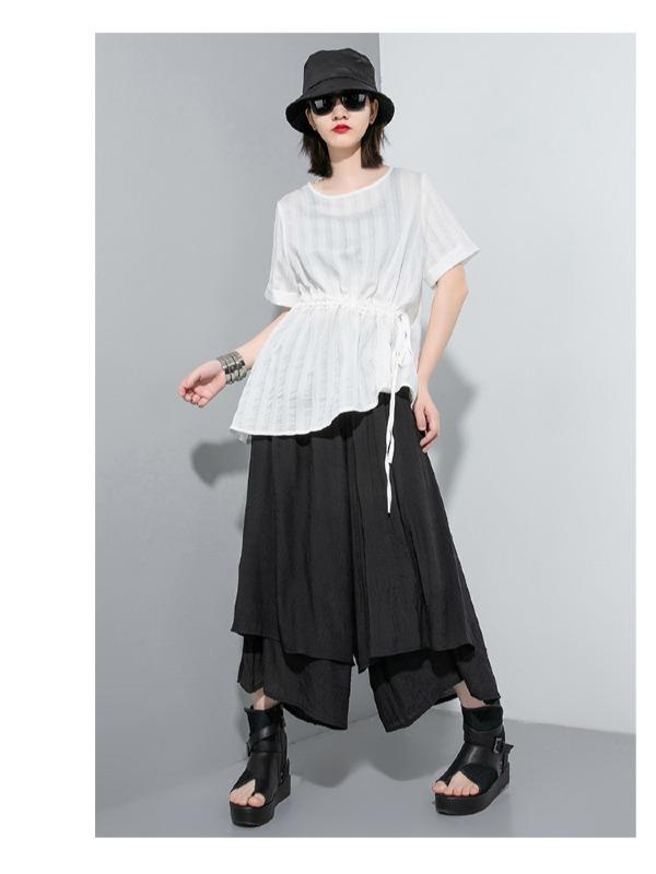 Simple Split-Joint Solid Lace-Up T-Shirt