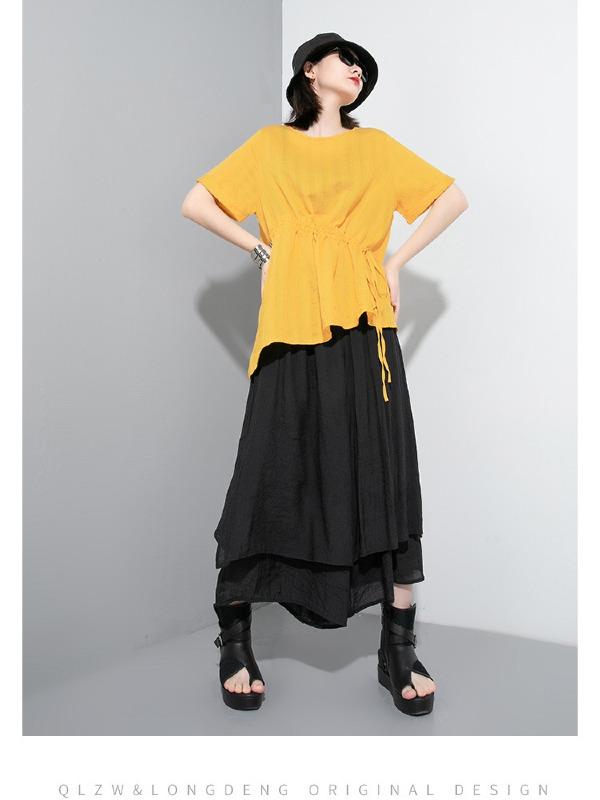 Simple Split-Joint Solid Lace-Up T-Shirt