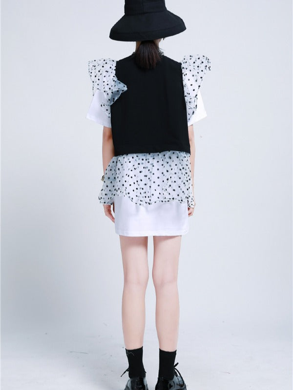 TWO-PIECES LACE CROCHET PANEL RUFFLE FALBALA WAISTCOAT &INNER DRESS