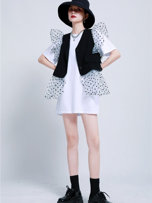 TWO-PIECES LACE CROCHET PANEL RUFFLE FALBALA WAISTCOAT &INNER DRESS