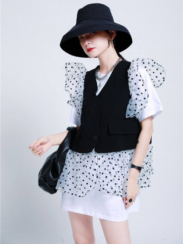 TWO-PIECES LACE CROCHET PANEL RUFFLE FALBALA WAISTCOAT &INNER DRESS