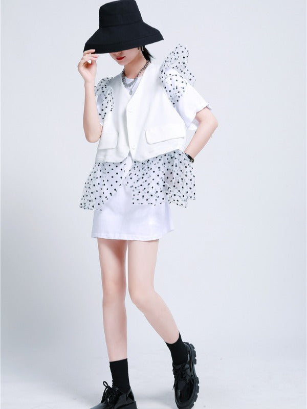 TWO-PIECES LACE CROCHET PANEL RUFFLE FALBALA WAISTCOAT &INNER DRESS