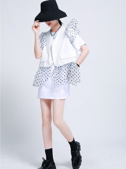 TWO-PIECES LACE CROCHET PANEL RUFFLE FALBALA WAISTCOAT &INNER DRESS