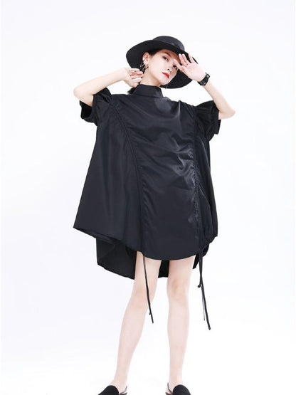 Original Puff Sleeve Drawstring Stand Collar Shirt Dress