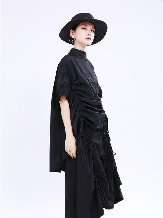 Original Puff Sleeve Drawstring Stand Collar Shirt Dress