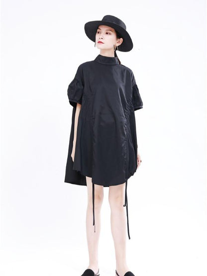 Original Puff Sleeve Drawstring Stand Collar Shirt Dress