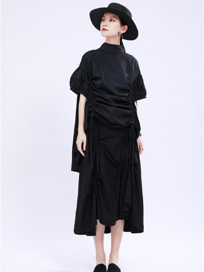 Original Puff Sleeve Drawstring Stand Collar Shirt Dress