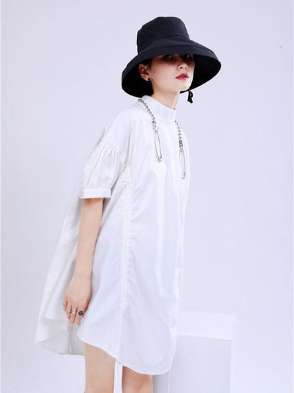 Original Puff Sleeve Drawstring Stand Collar Shirt Dress