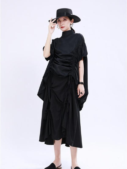 Original Puff Sleeve Drawstring Stand Collar Shirt Dress