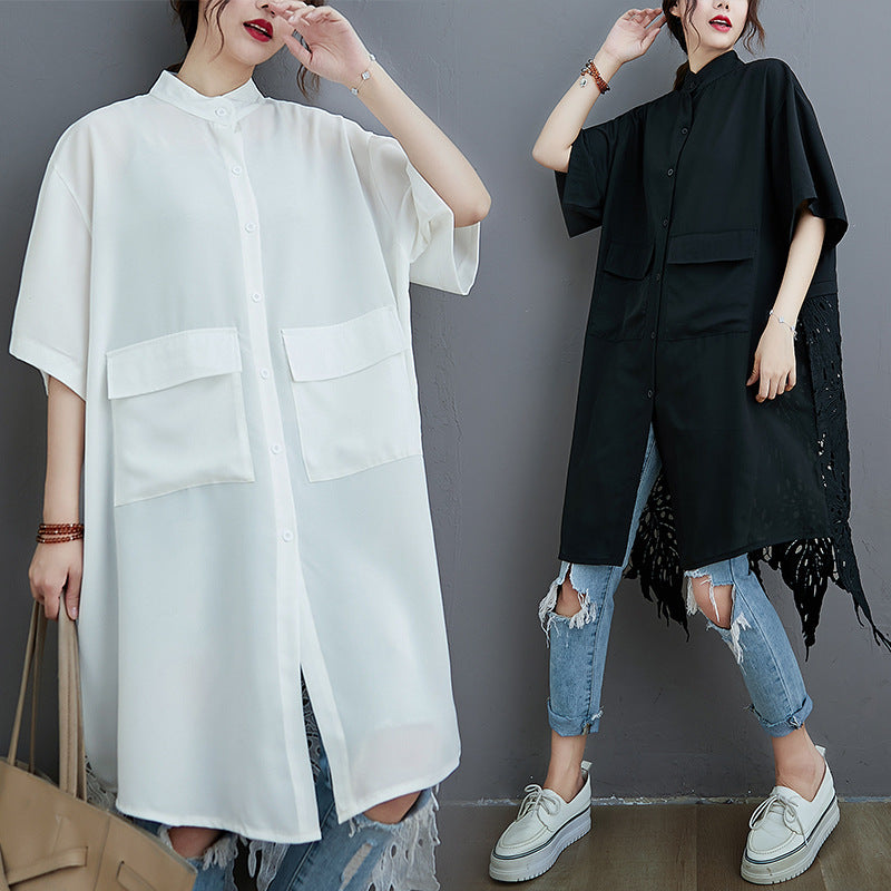 LOOSE SPLIT-JOINT HOLLOW SOLID LONG BLOUSE