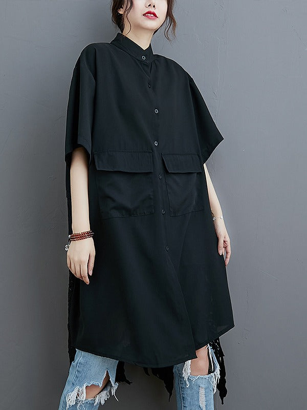 LOOSE SPLIT-JOINT HOLLOW SOLID LONG BLOUSE