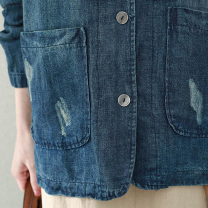 Buykud Solid Color Frayed V-Neck Denim Coat