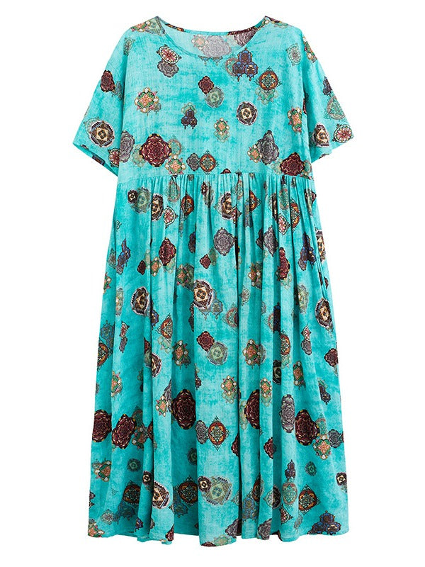 VINTAGE FLORAL ROUND-NECK SHORT SLEEVES DRESS