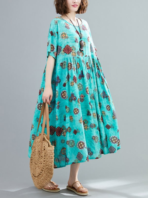 VINTAGE FLORAL ROUND-NECK SHORT SLEEVES DRESS
